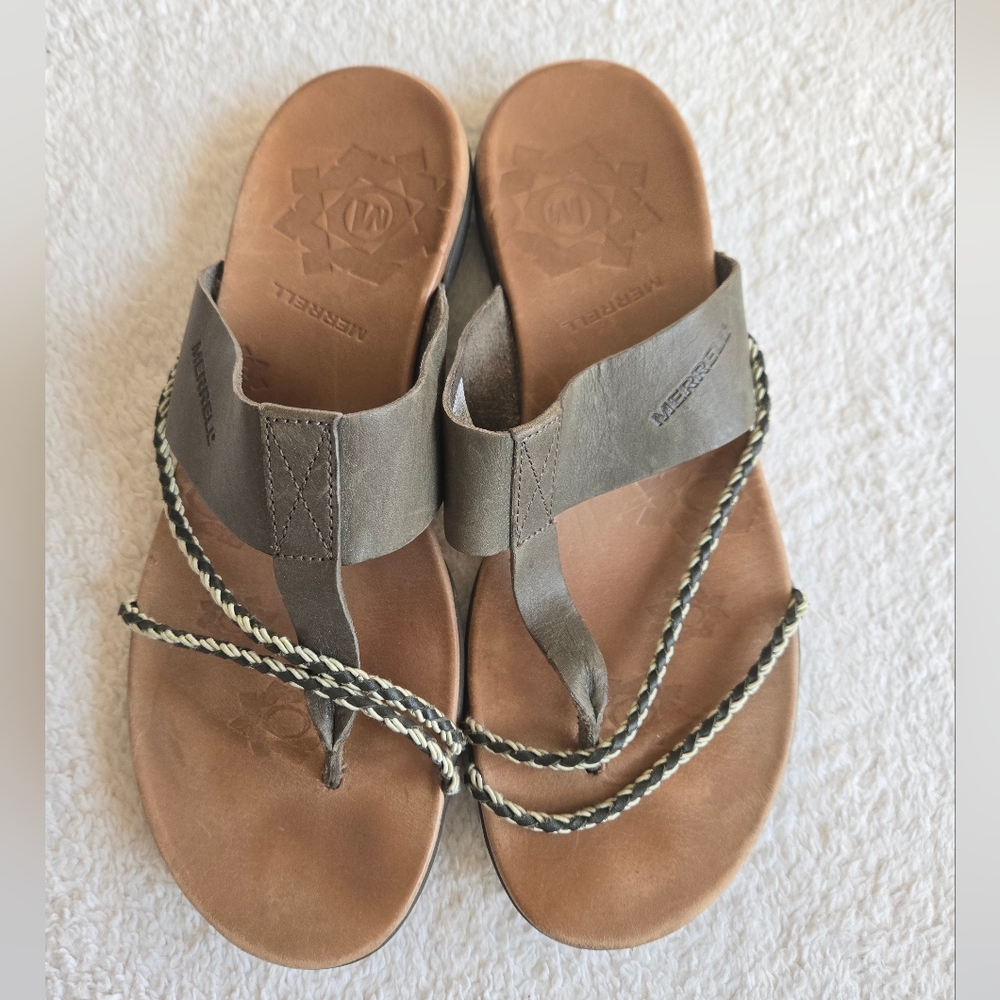 Merrell Amber Olive Leather Slip-On Thong Braided Sandals Women's Size 10